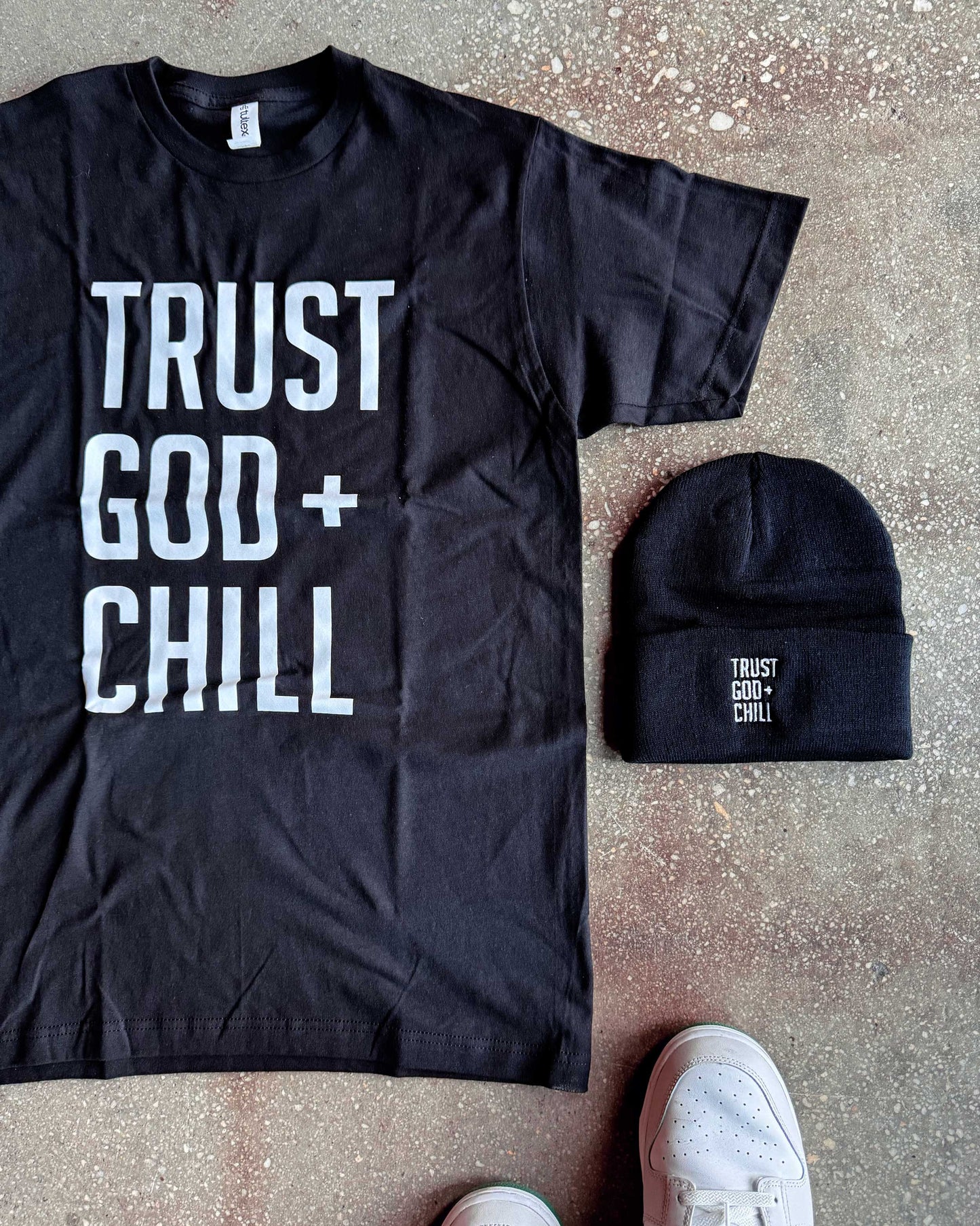 Trust God + Chill Adult Box T-Shirt & Black Beanie Bundle