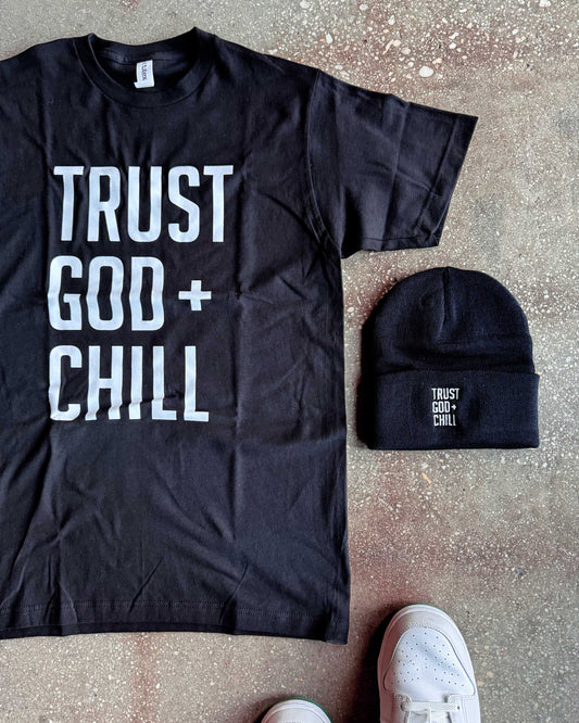Trust God + Chill Adult Box T-Shirt & Black Beanie Bundle