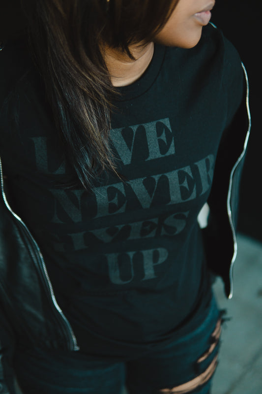 Love Never Gives Up (BLKonBLK) Adult Box T-Shirt