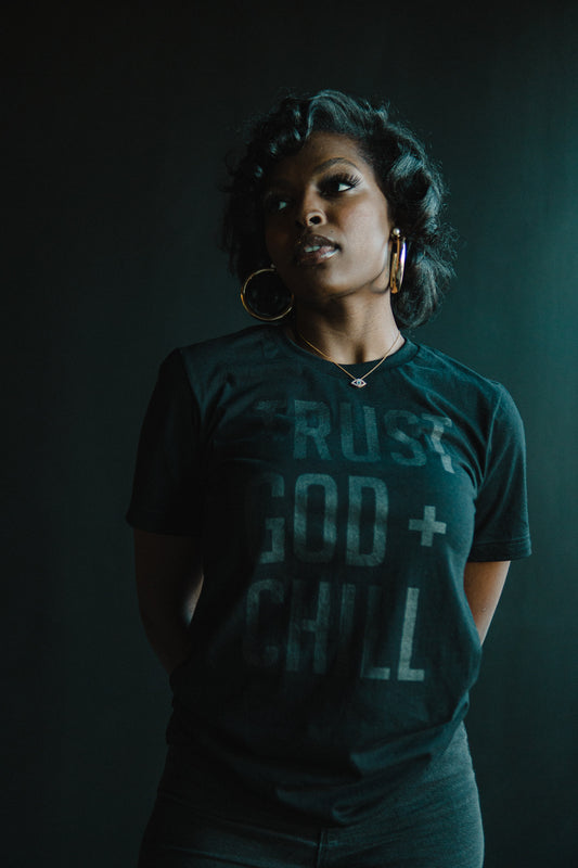 Trust God + Chill (BLKonBLK) Adult Box T-Shirt